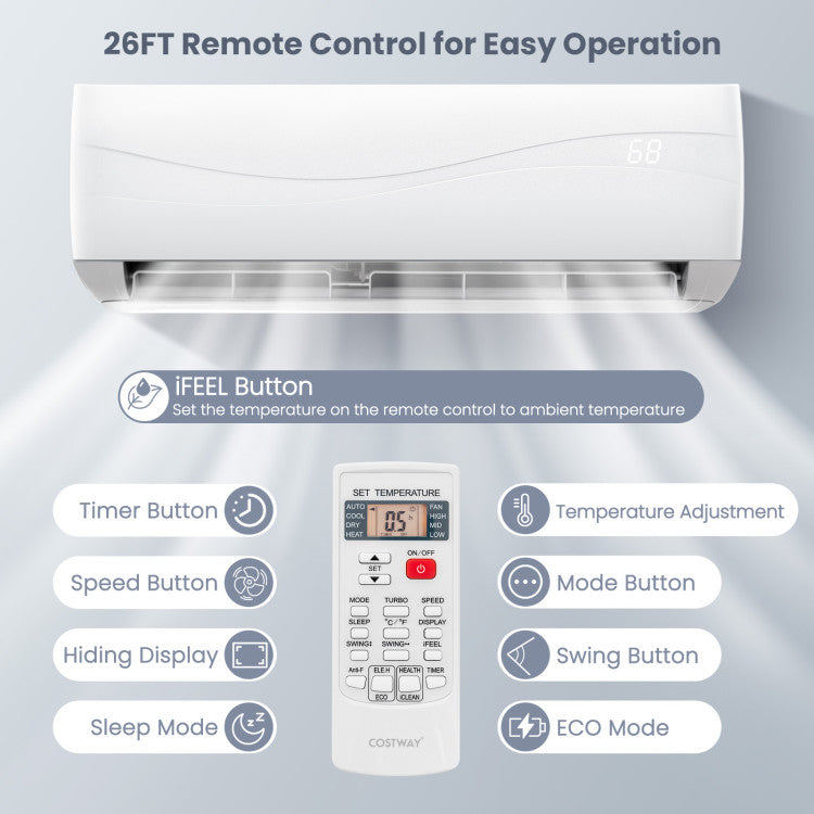 Pillowle 12000 BTU 17 SEER2 ductless mini split air conditioner and heater unit mounted on wall