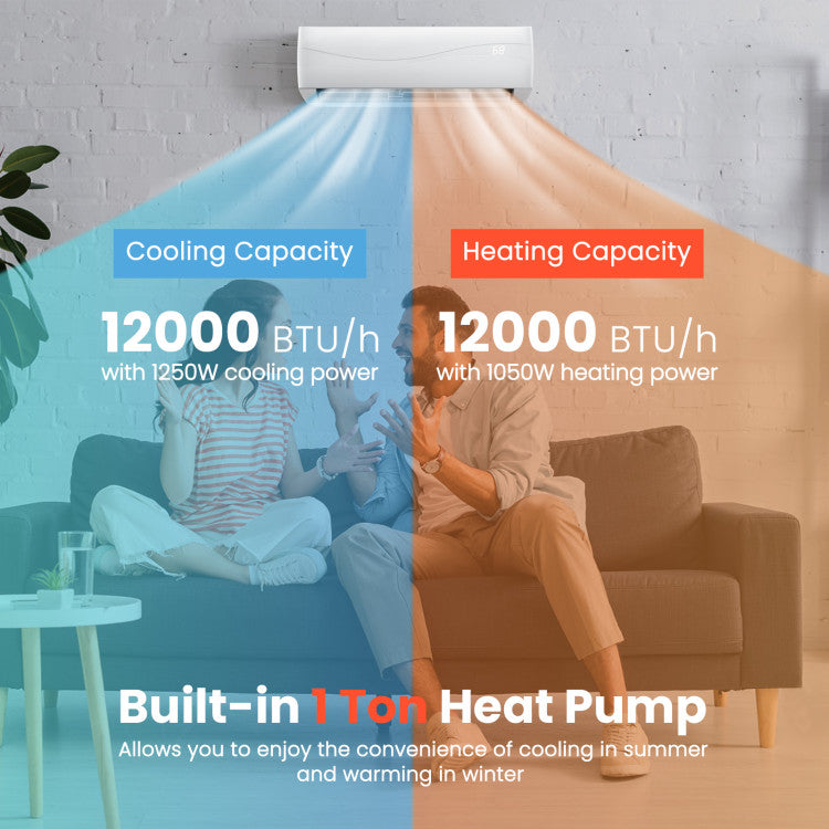 Pillowle 12000 BTU 17 SEER2 ductless mini split air conditioner and heater unit mounted on wall, with indoor and outdoor components.