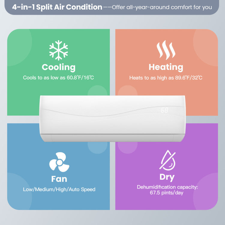 Pillowle 18000 BTU 19 SEER2 ductless mini split air conditioner and heater unit mounted on wall indoors.
