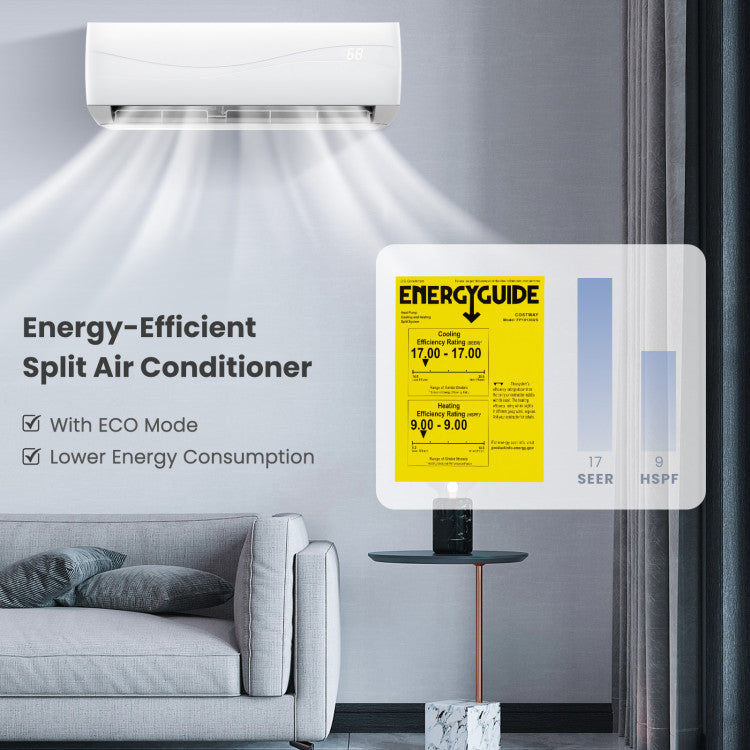 Pillowle 18000 BTU 19 SEER2 ductless mini split air conditioner and heater unit mounted on a wall.