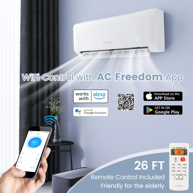 Pillowle Energy Star 22000 BTU 21 SEER2 ductless mini split air conditioner and heater with Alexa compatibility.