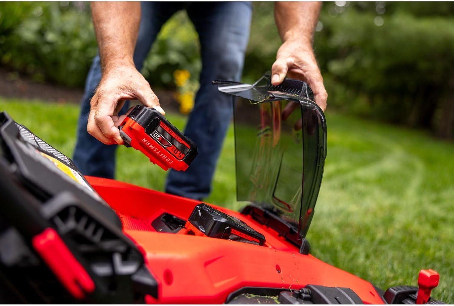Pillowle Craftsman V20 cordless push lawn mower with 20-inch deck, featuring a black and green design and ergonomic handle.