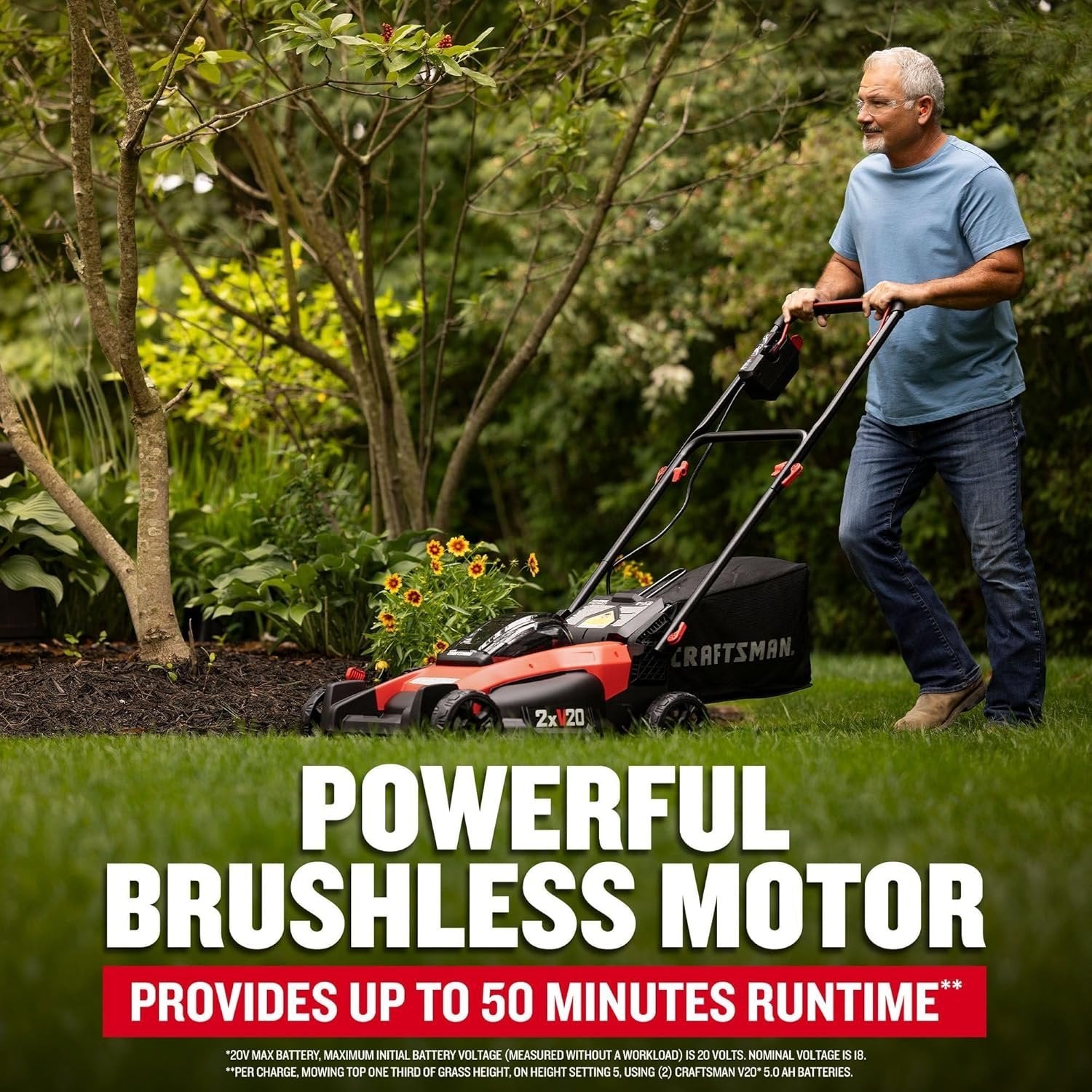 Pillowle Craftsman V20 cordless push lawn mower with 20-inch deck, black and green design, on a lawn.