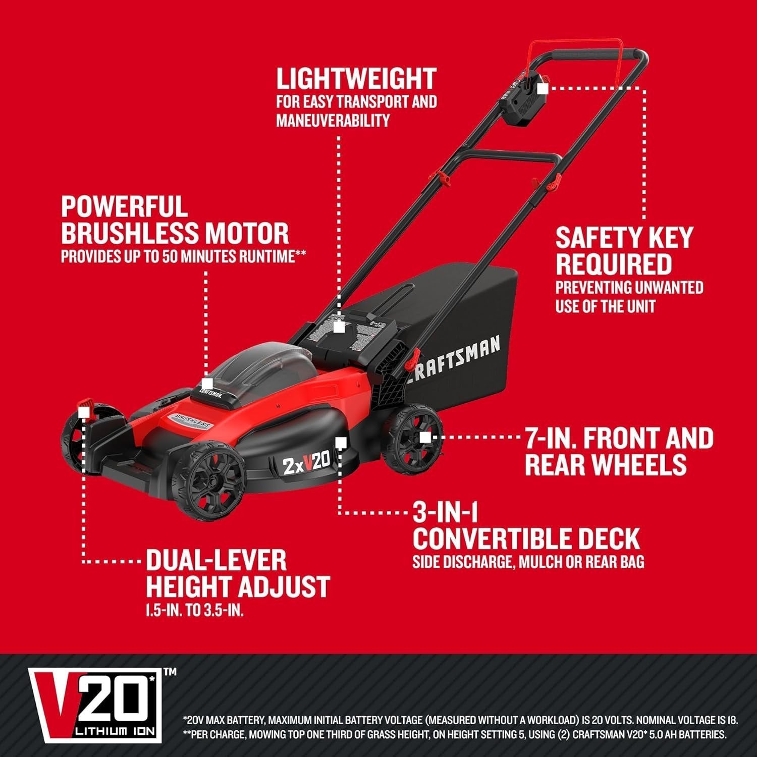 Pillowle CRAFTSMAN V20 cordless push lawn mower with 20-inch deck and grass collection bag in a lush yard landscape