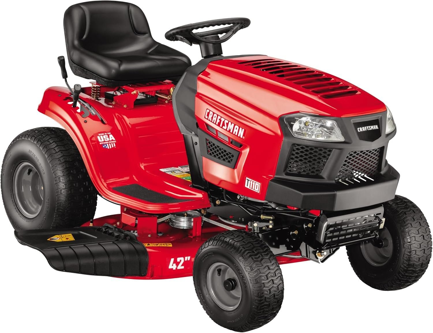 Pillowle CRAFTSMAN gas riding lawn mower with 42-inch deck and gear drive, shown with cutting blades and control panel.