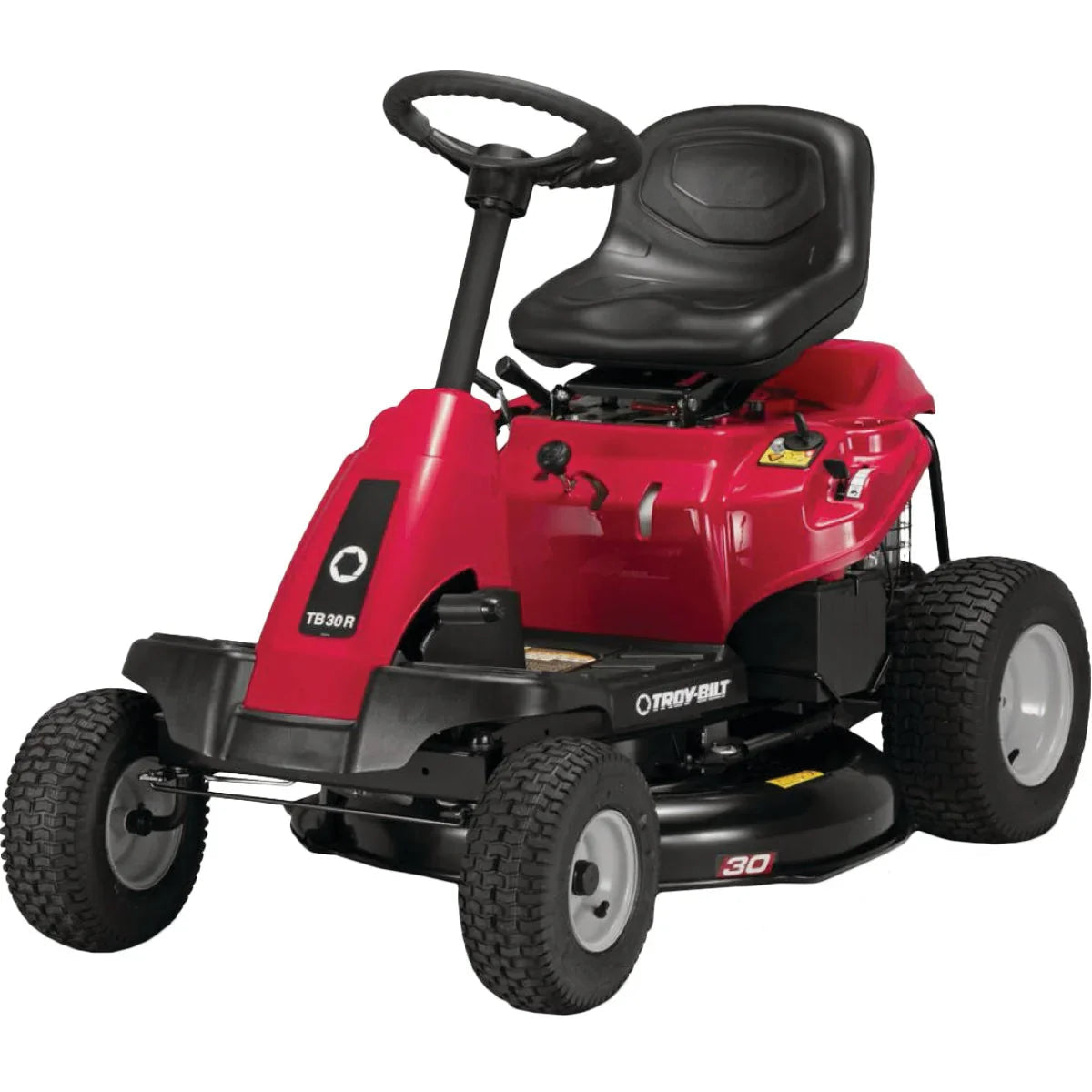 Pillowle Troy-Bilt gas-powered riding lawn mower with a 30-inch cutting deck and ergonomic seat on a well-maintained lawn.