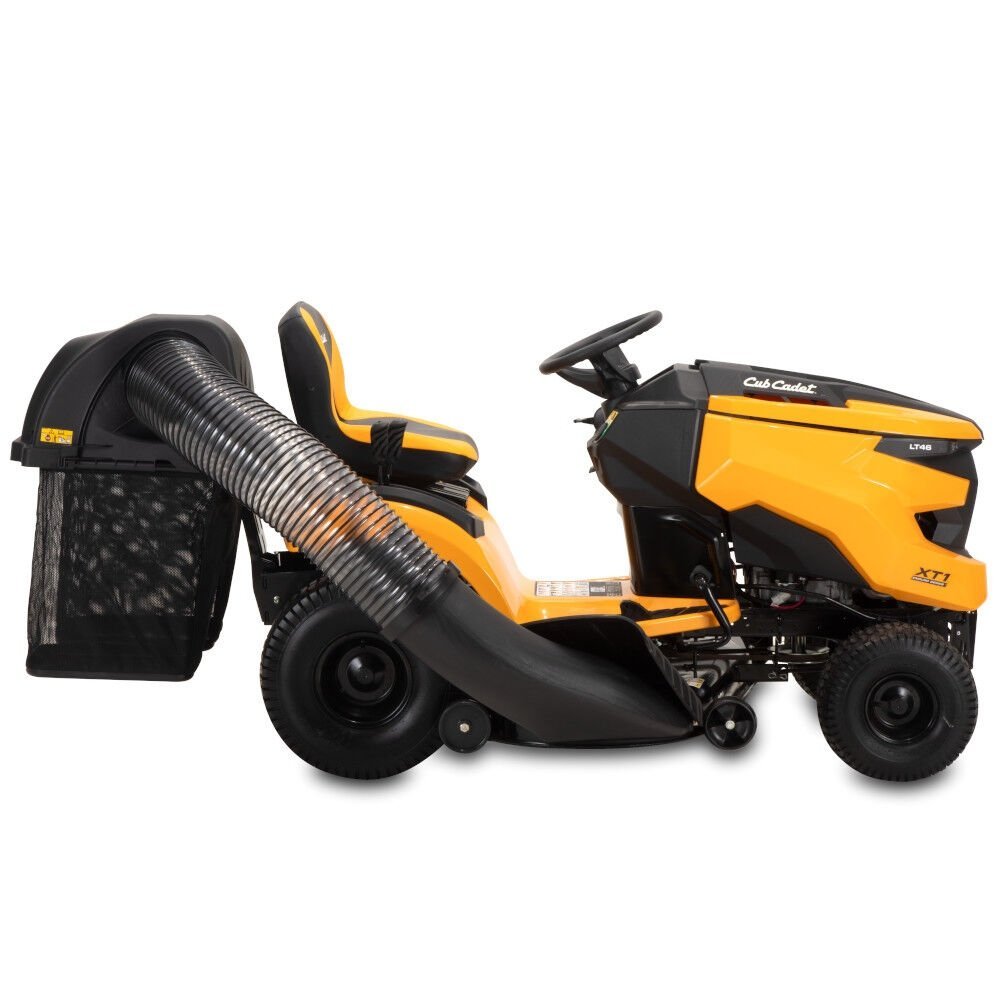 Cub Cadet double bagger attachment for XT1 and XT2 riding mowers, shown connected to the mower deck.