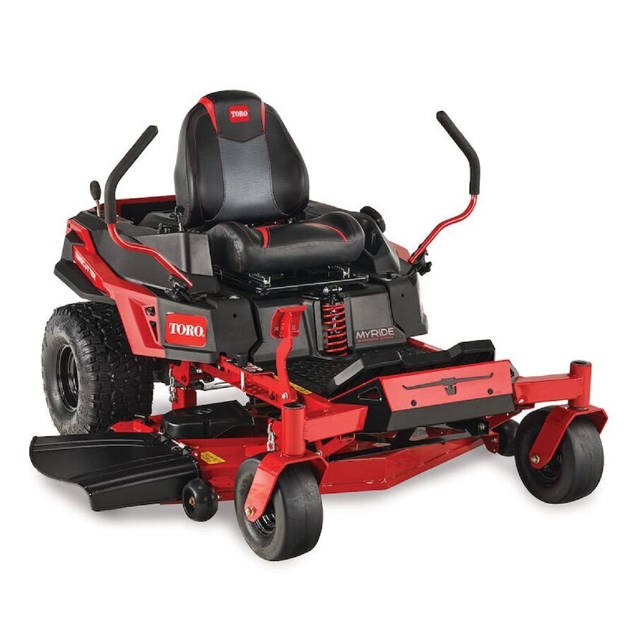 Pillowle Toro TimeCutter Max MyRide 50-inch zero-turn riding lawn mower with cutting deck and comfortable seat.
