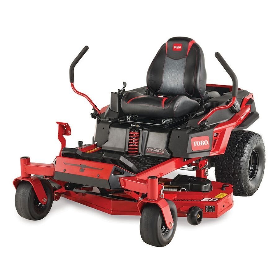 Pillowle Toro TimeCutter Max MyRide 50-inch zero-turn riding lawn mower with cutting deck and comfortable seat.