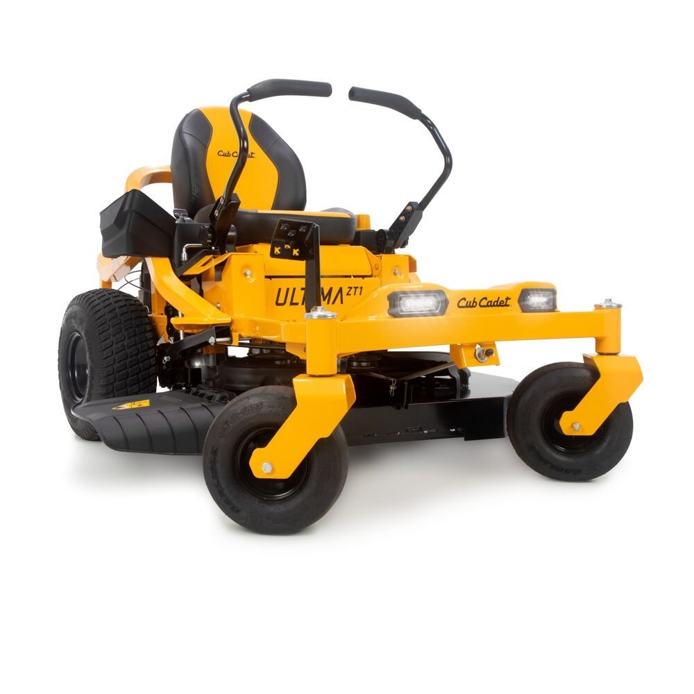 Cub Cadet Ultima ZT1 42 Fab zero-turn riding mower with a black and gray cutting deck and comfortable seat.