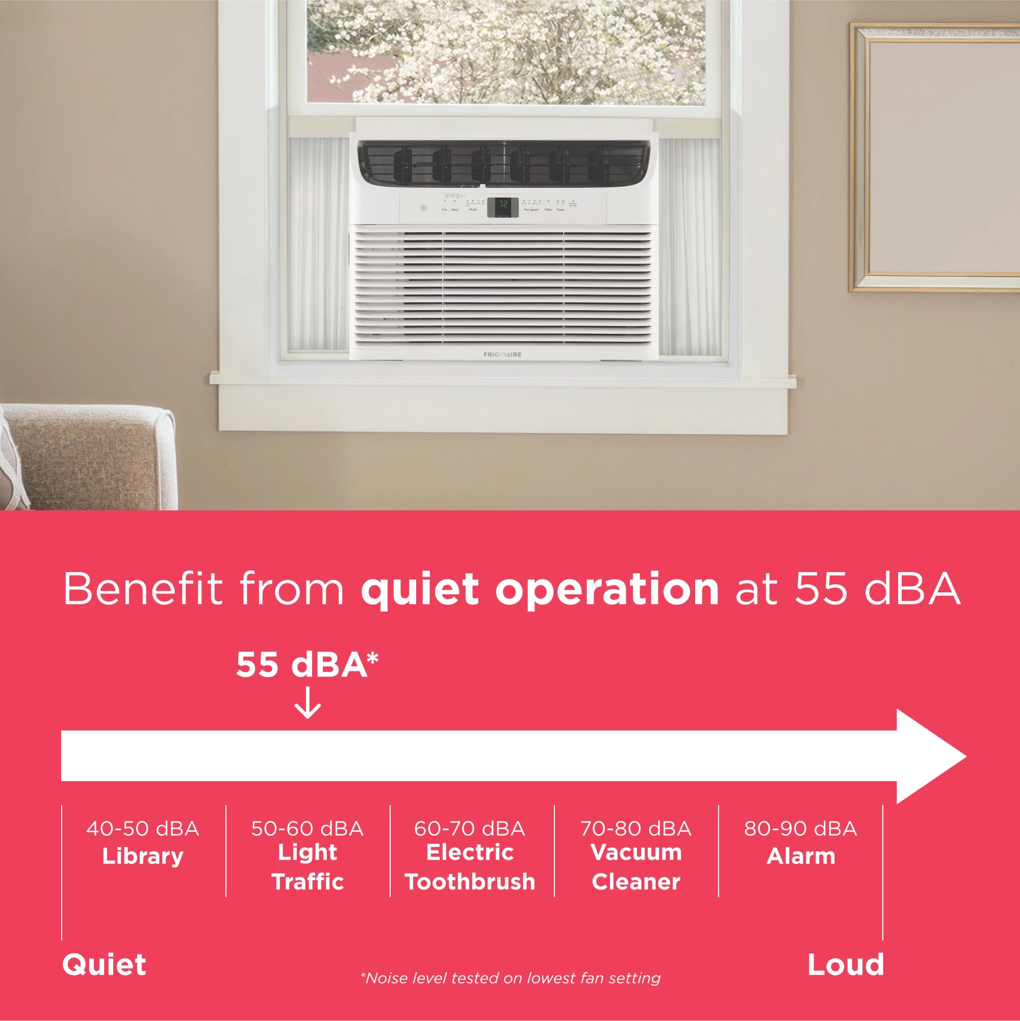 Pillowle 12,000 BTU window air conditioner with remote, showing front control panel and vents, designed to cool 550 sq ft quietly.