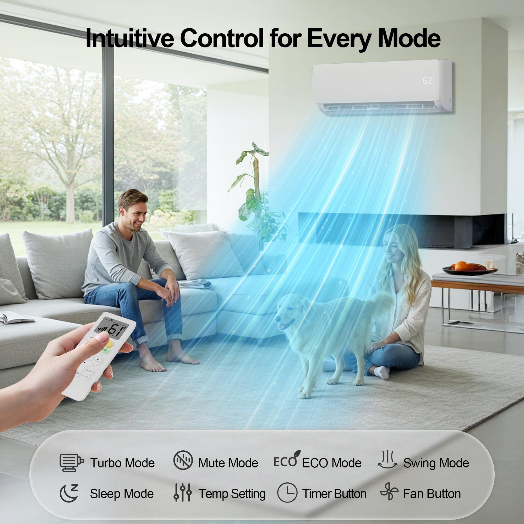 Pillowle 9000 BTU mini split AC and heating system with 19 SEER2 energy-efficient ductless inverter, shown installed in a room.