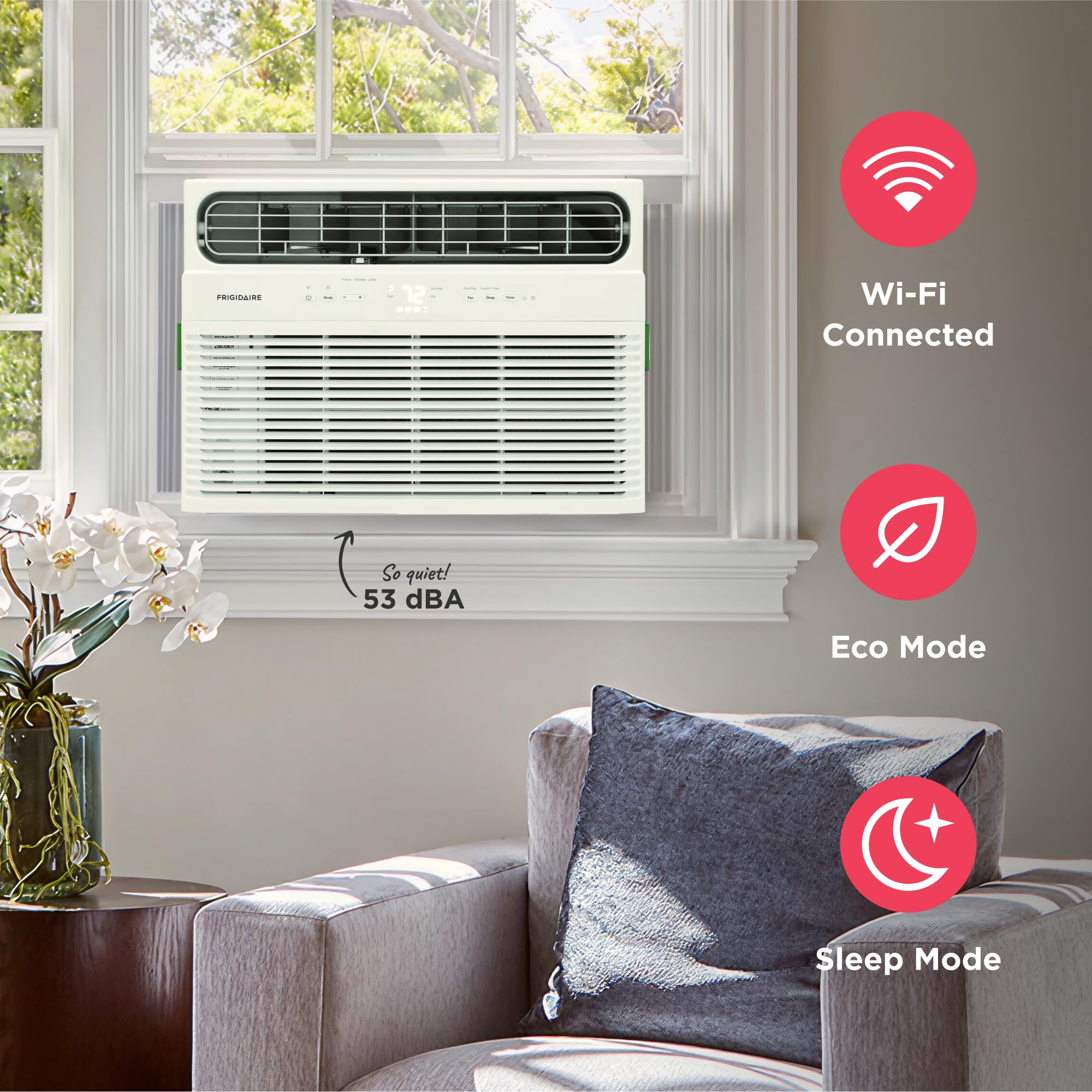Pillowle 10,000 BTU smart window air conditioner cooling a room with remote control and Wi-Fi connectivity