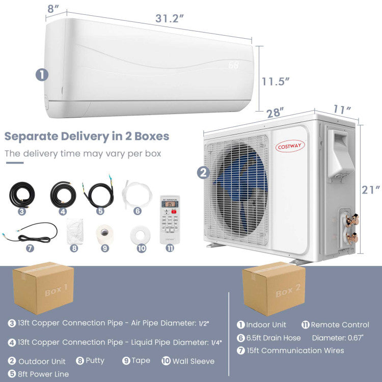 Pillowle 9000 BTU 17 SEER2 ductless mini split air conditioner and heater mounted on wall in a modern room