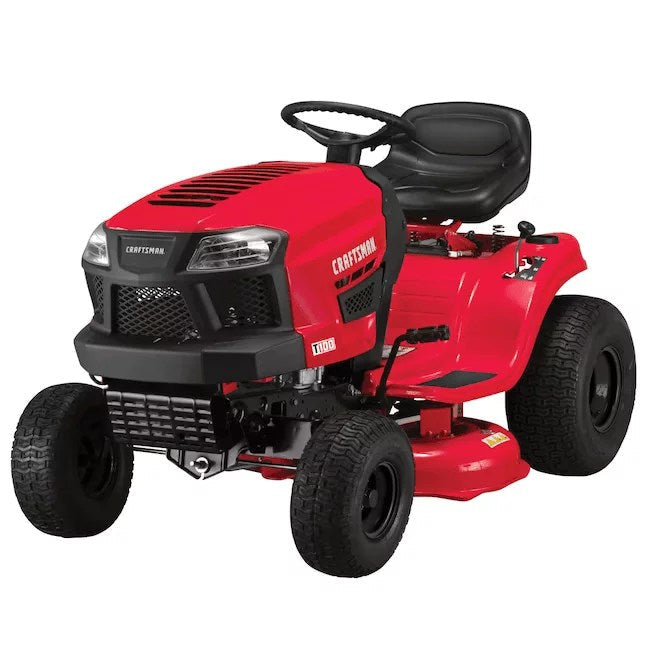 Pillowle CRAFTSMAN T100 riding lawn mower with 11.5 HP engine, showing the mower's front view and cutting deck in a yard setting.
