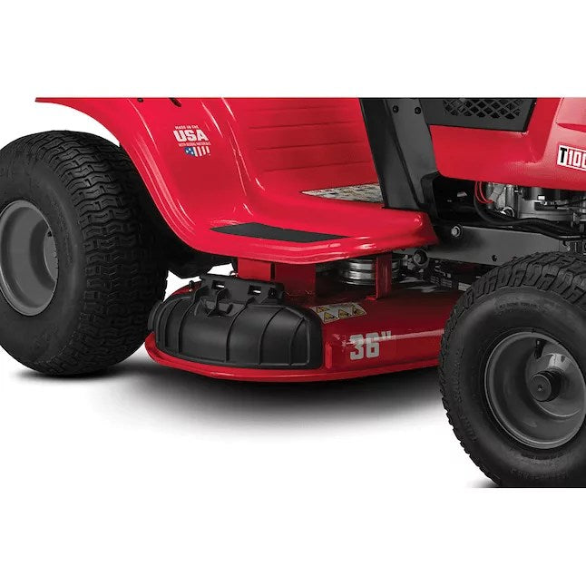 Pillowle CRAFTSMAN T100 riding lawn mower with 11.5 HP engine, shown outdoors with cutting deck and comfortable seat.