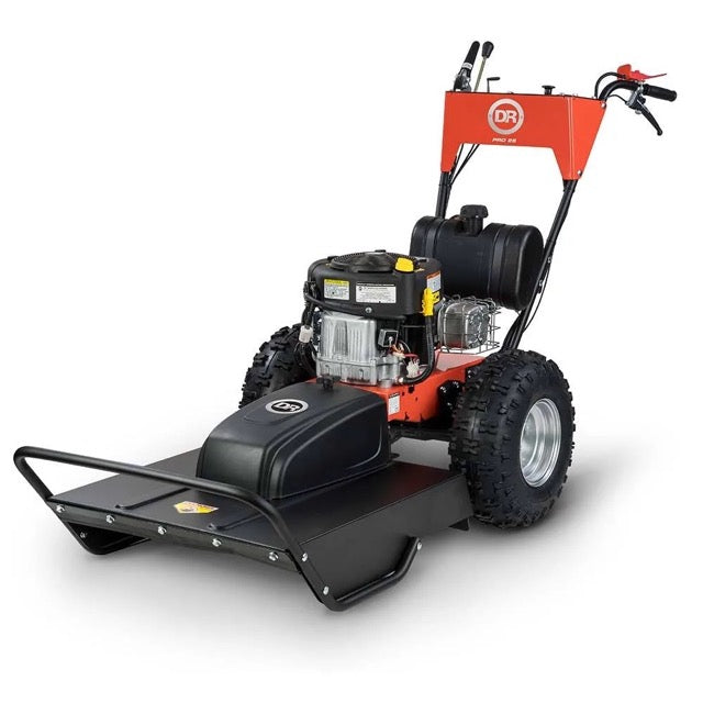 DR Power Pro Brush Mower with 15.5 HP engine, showcasing its robust build and cutting blades for heavy-duty lawn and brush clearing.