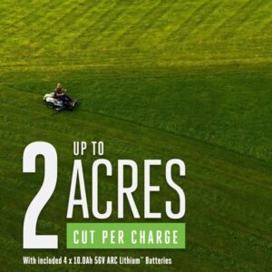 EGO Power+ 42-inch zero-turn riding mower with 56V lithium battery and included charger, shown outdoors on grass.