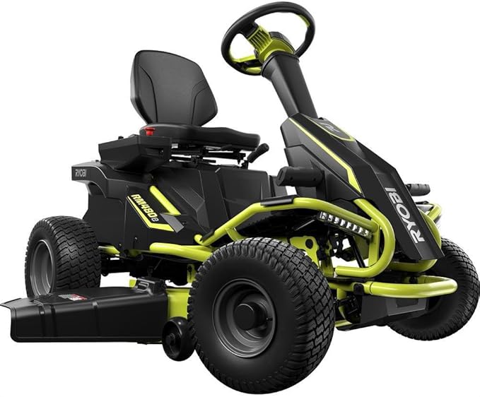 Ryobi electric riding lawn mower with a 38-inch deck, rear engine, and comfortable seat for efficient yard maintenance.