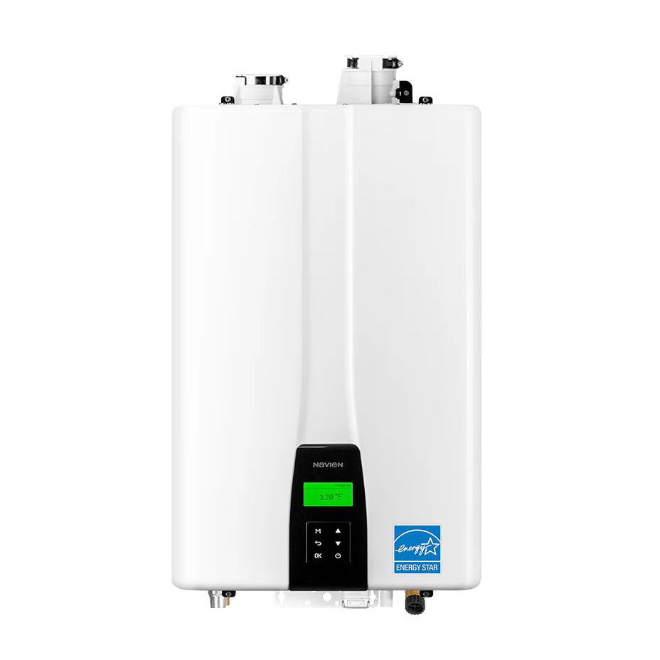 Pillowle NPE-210S2 condensing tankless water heater with 180,000 BTU, compact plumbing and water heating appliance.