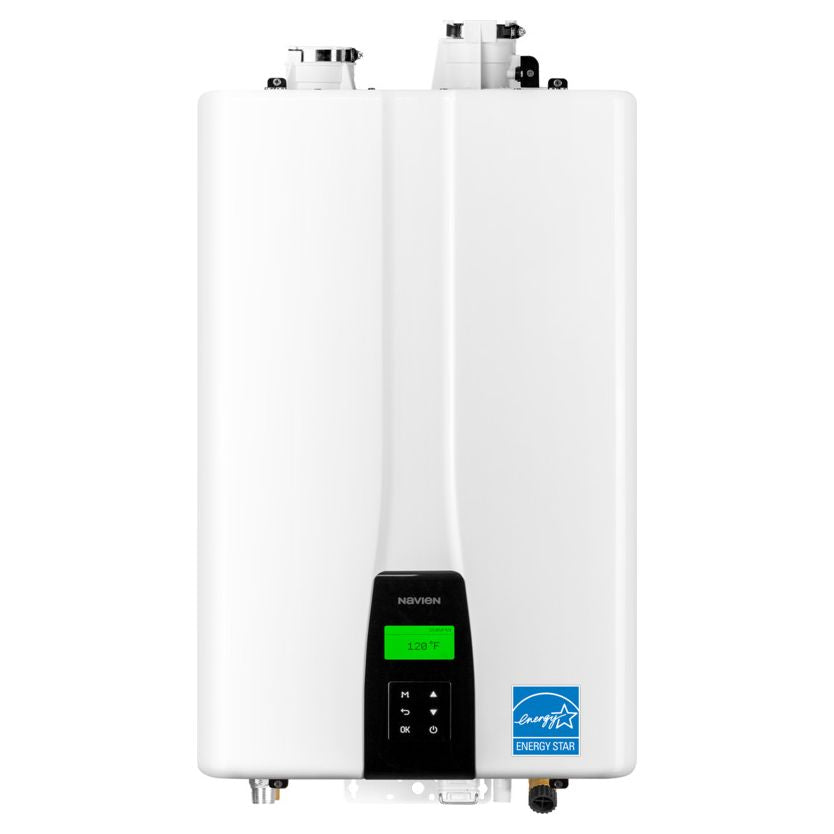 Pillowle NPE-240S2 condensing tankless water heater with cover, showing the compact design and control panel for efficient water heating