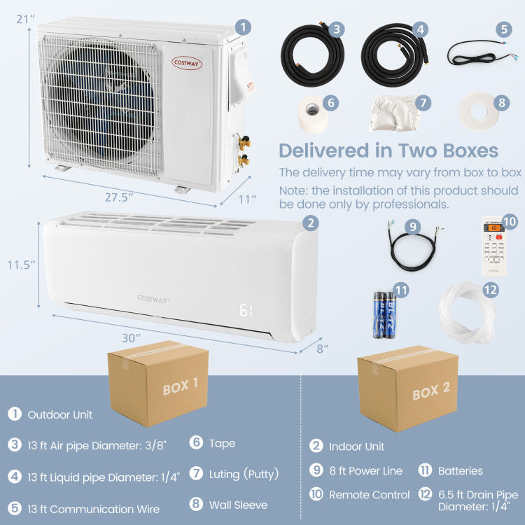Pillowle Energy Star certified 12000 BTU ductless mini split air conditioner with heater pump, 21 SEER2, 208-230V unit.