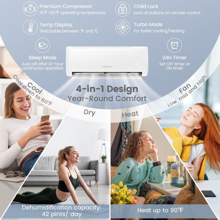 Pillowle 12000 BTU ductless mini split air conditioner and heater with Energy Star certification and 21 SEER2 efficiency.