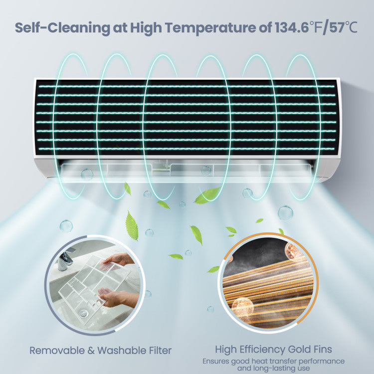 Pillowle 18000 BTU ductless mini split air conditioner and heater unit with sleek wall-mounted design and digital display.
