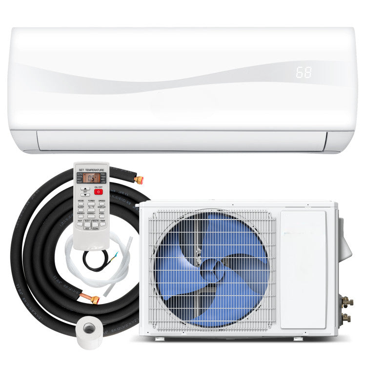 Pillowle 18000 BTU 19 SEER2 ductless mini split air conditioner and heater unit mounted on a wall in a modern room