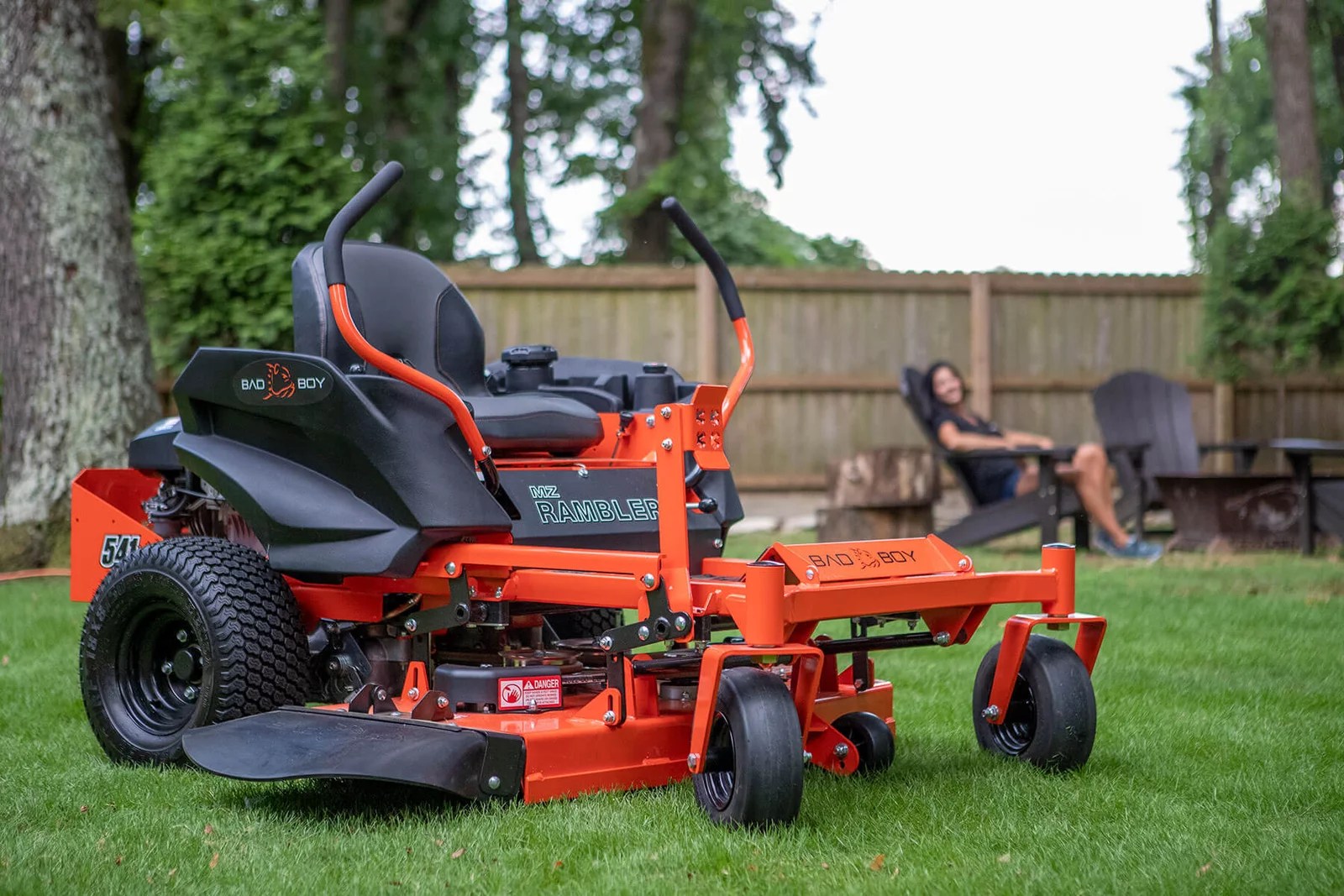 2022 Bad Boy MZ Rambler zero-turn lawn mower with 42-inch deck and Kohler engine, shown in a yard setting.
