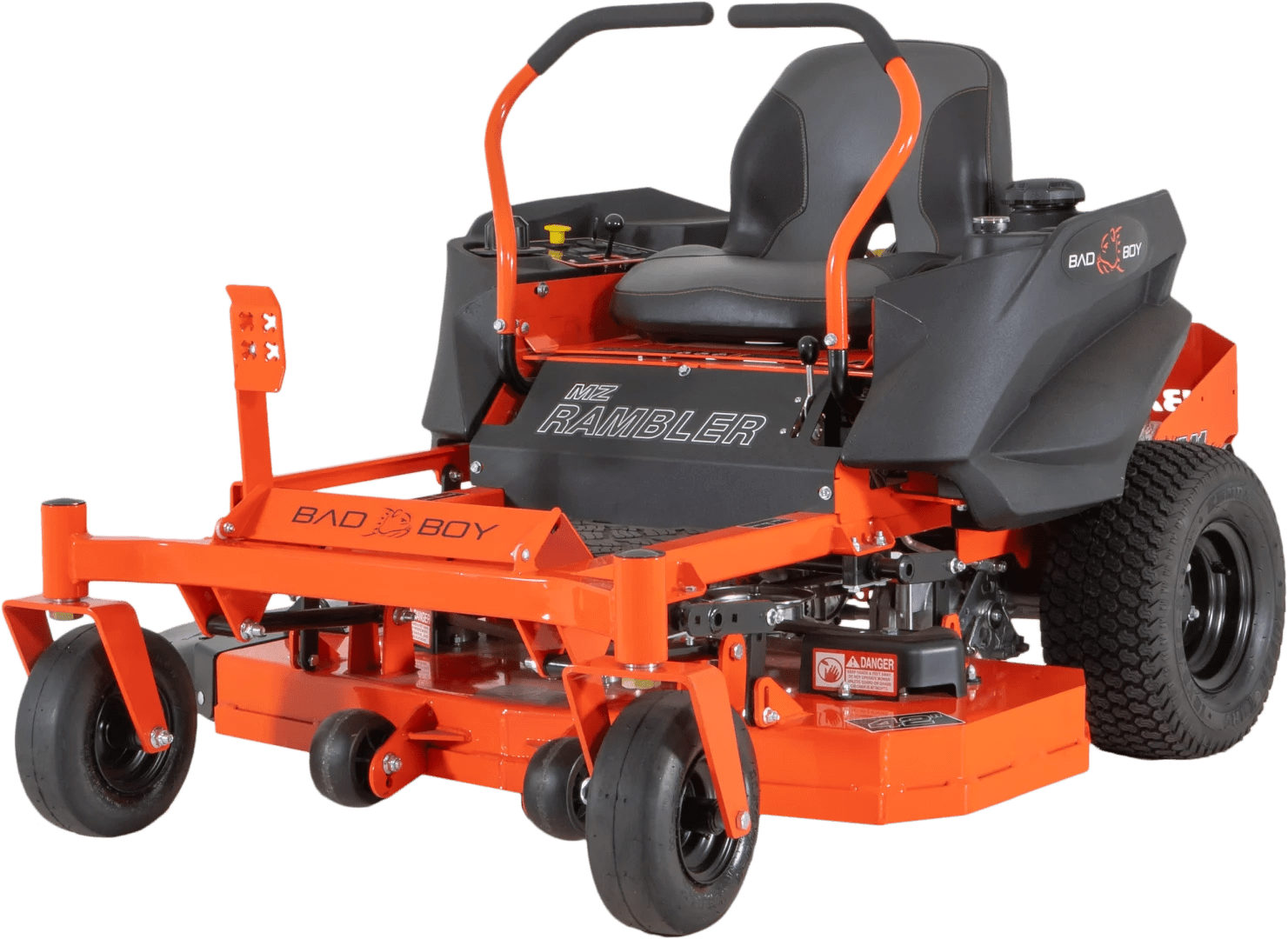 2022 Bad Boy MZ Rambler zero-turn lawn mower with 42-inch deck and Kohler engine, featuring Pillowle branding in a studio setting.