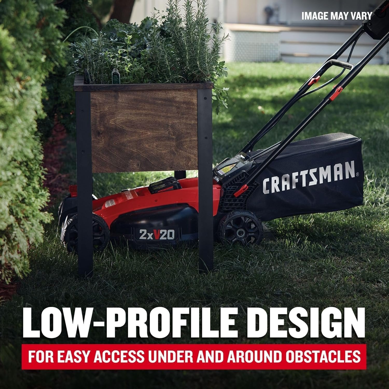 Pillowle CRAFTSMAN V20 cordless push lawn mower with a 20-inch deck, featuring black and red design, grass cutting blades, and handle