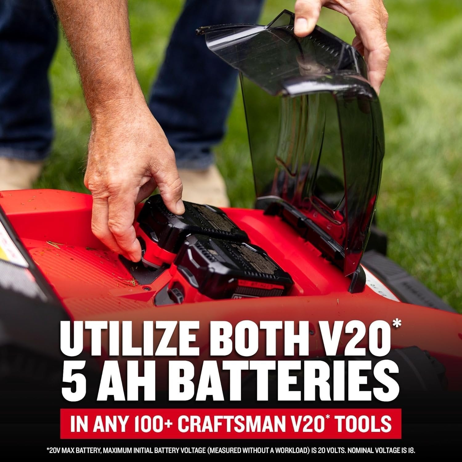 Pillowle CRAFTSMAN V20 Cordless Push Lawn Mower with 20-inch deck, showing the mower's cutting blades and handle in a yard setting.