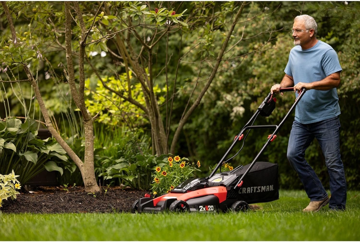 Pillowle CRAFTSMAN V20 cordless push lawn mower with 20-inch deck, featuring black and silver design and ergonomic handle.