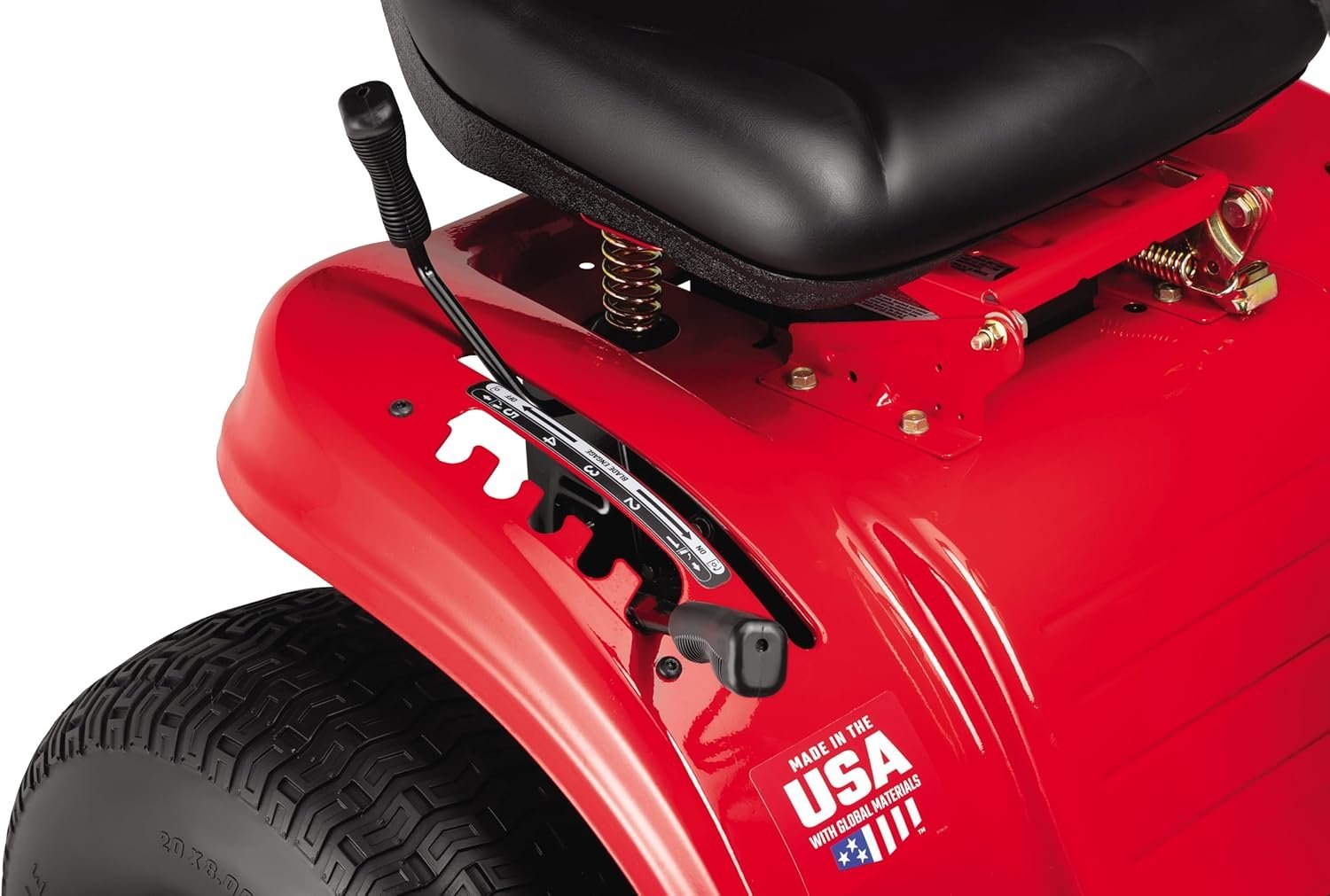 Pillowle Craftsman gas riding lawn mower with a 42-inch deck and gear drive, shown in a green and black color with large rear tires.