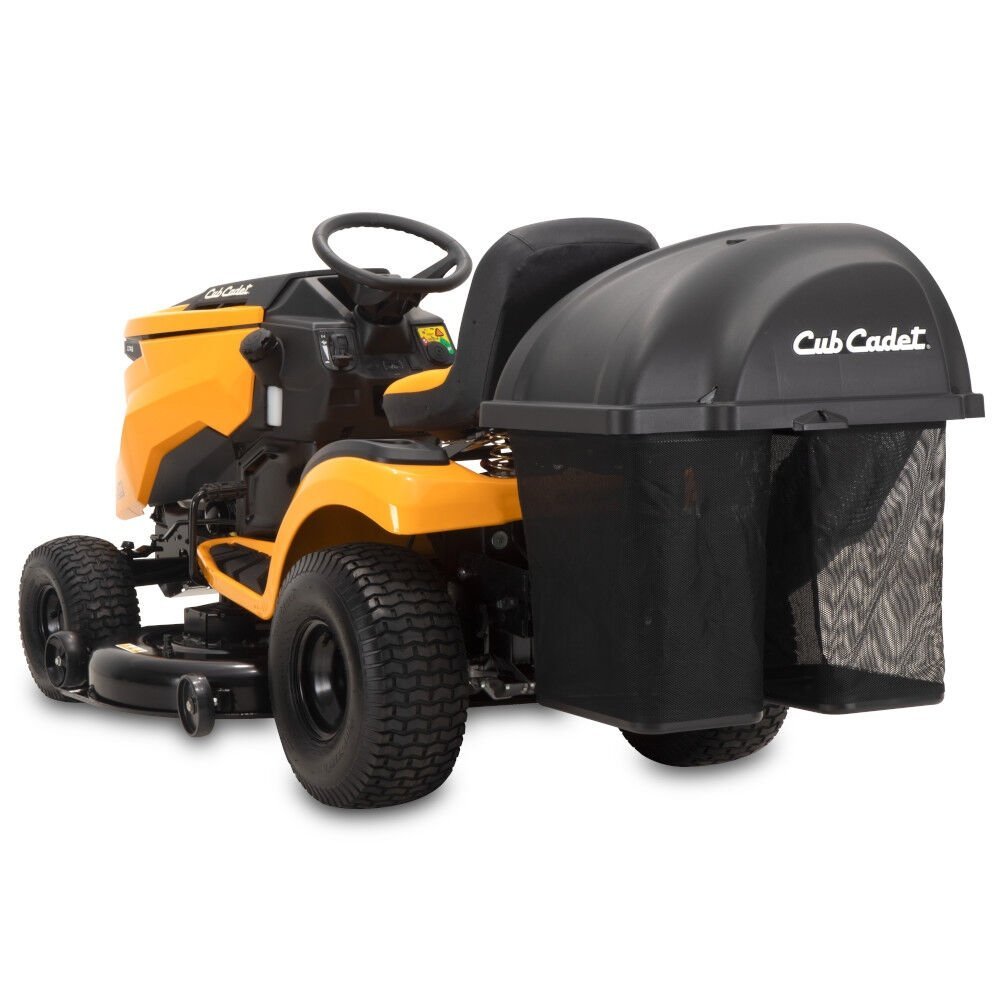 Cub Cadet double bagger attachment for XT1 and XT2 riding mowers, shown with bags and mounting hardware.