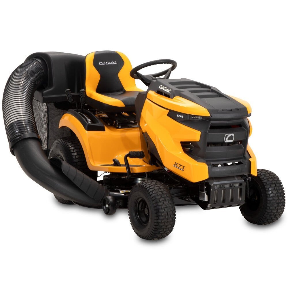 Pillowle Cub Cadet double bagger attachment for XT1 and XT2 series riding mowers, shown attached to mower deck.