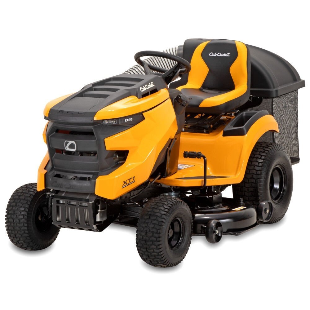 Cub Cadet double bagger attachment for XT1 and XT2 series riding lawn mowers, shown mounted on a mower.