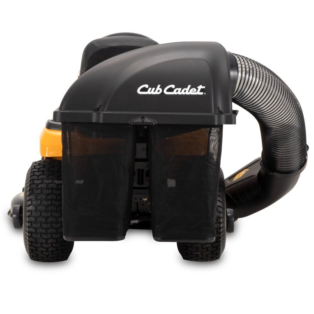 Cub Cadet double bagger attachment for XT1 and XT2 series riding mowers, shown installed on mower with grass clippings.