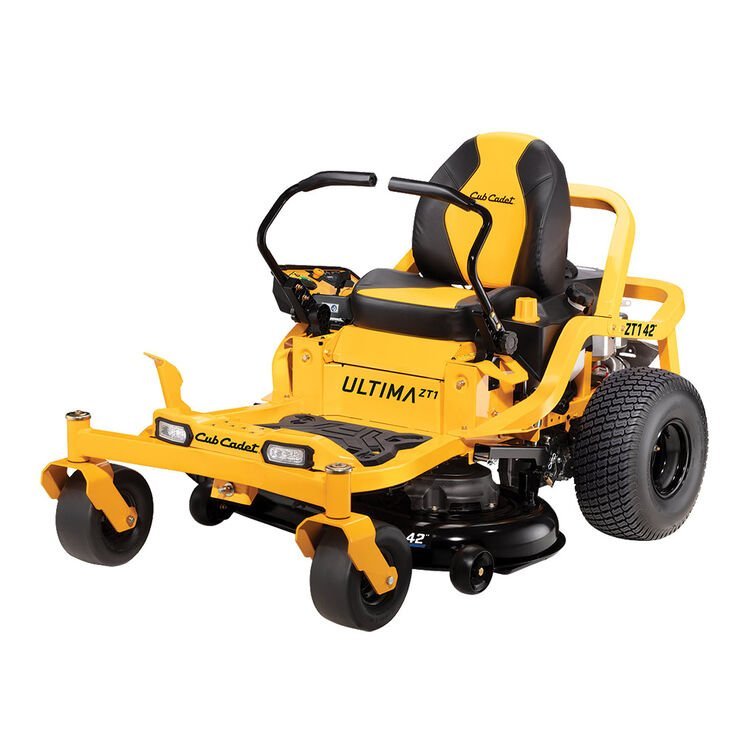 Cub Cadet Ultima ZT1 zero turn mower with 42-inch deck, 22 HP Kohler V-Twin engine, and lap bar control.
