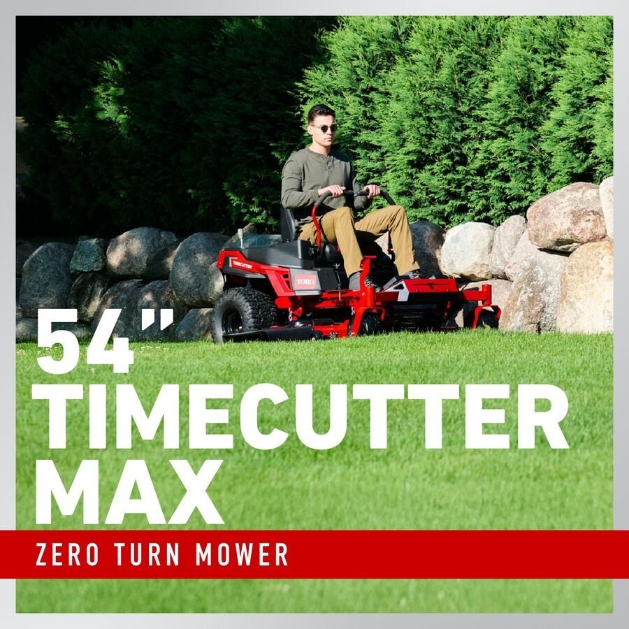 Pillowle Toro TimeCutter Max MyRide 50-inch zero-turn riding lawn mower with cutting deck and ergonomic seat.