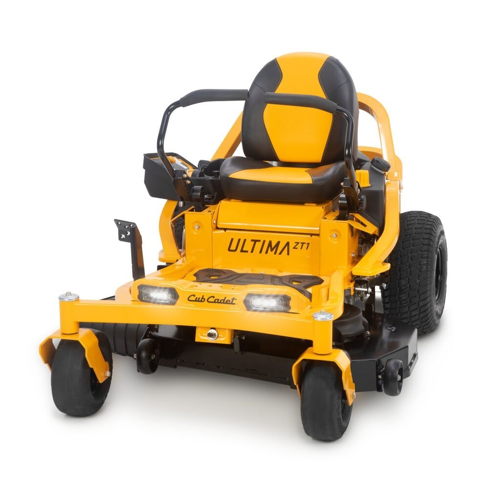 Cub Cadet Ultima ZT1 42 Fab zero-turn riding mower with black seat and control panel, outdoor lawn equipment for efficient mowing.