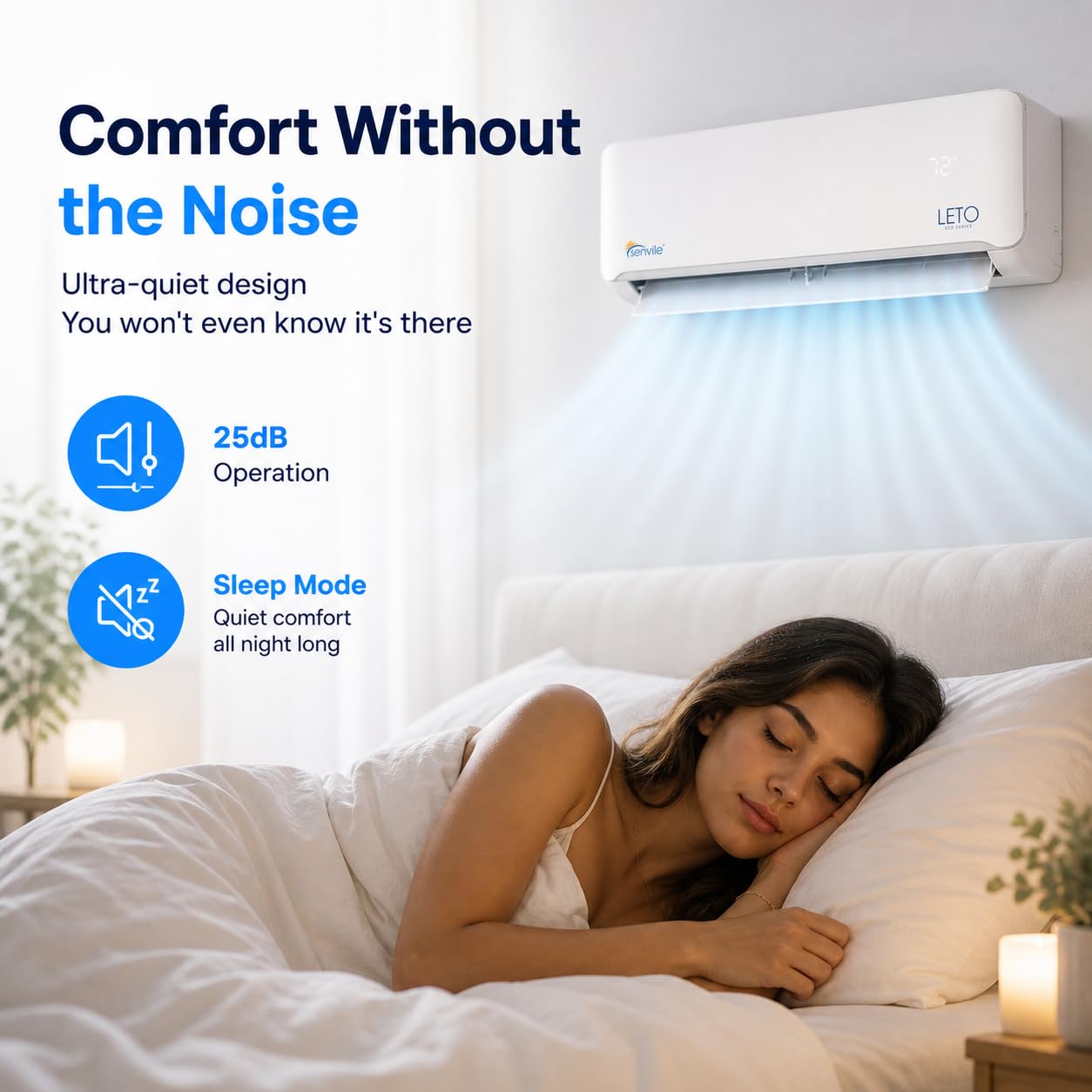 Pillowle LETO Mini Split Air Conditioner and Heat Pump in white, 24000 BTU, mounted on a wall in a modern room setting.