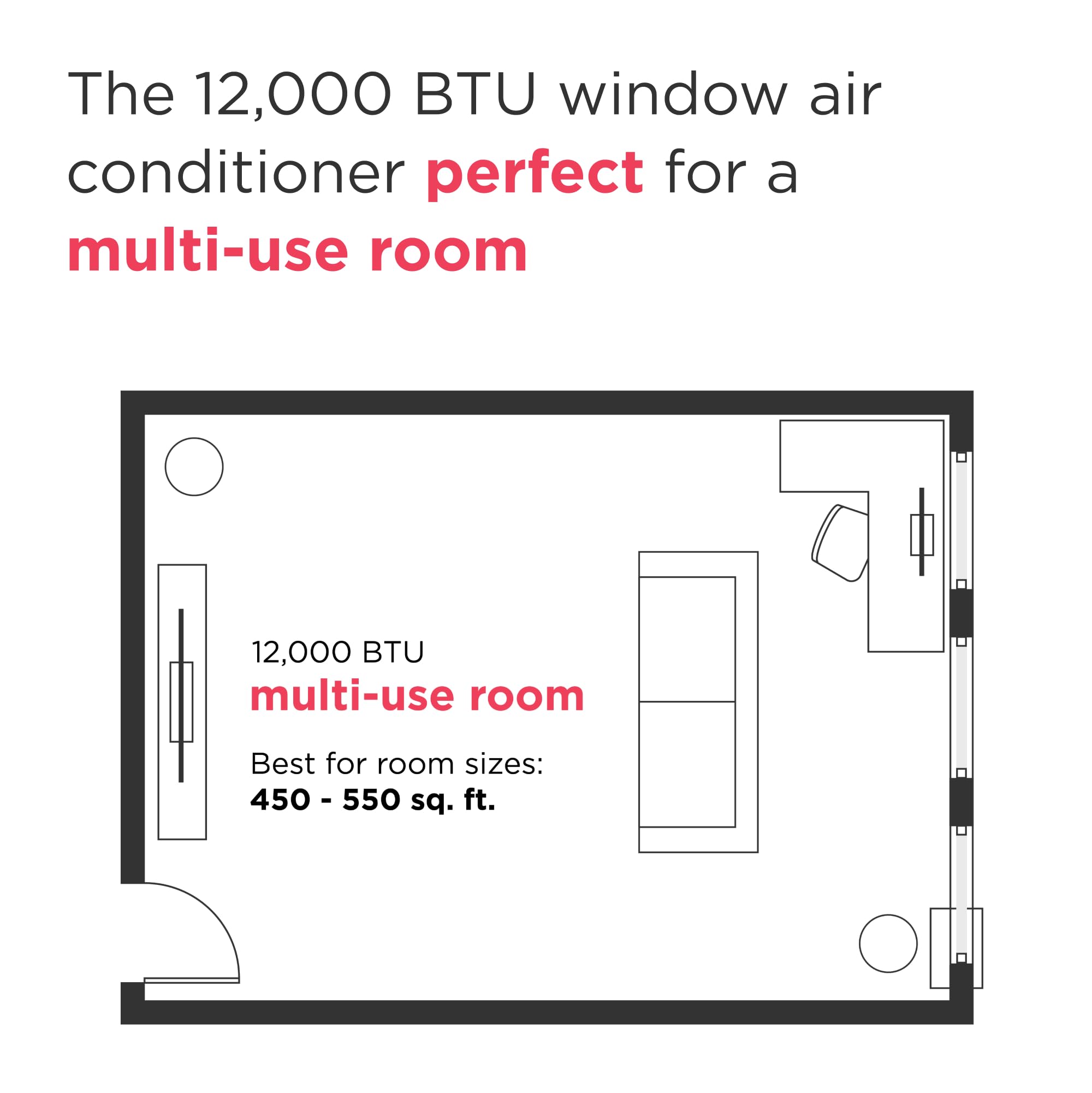 Pillowle 12,000 BTU window air conditioner with remote, cooling large rooms up to 550 sq ft, quiet operation and eco mode