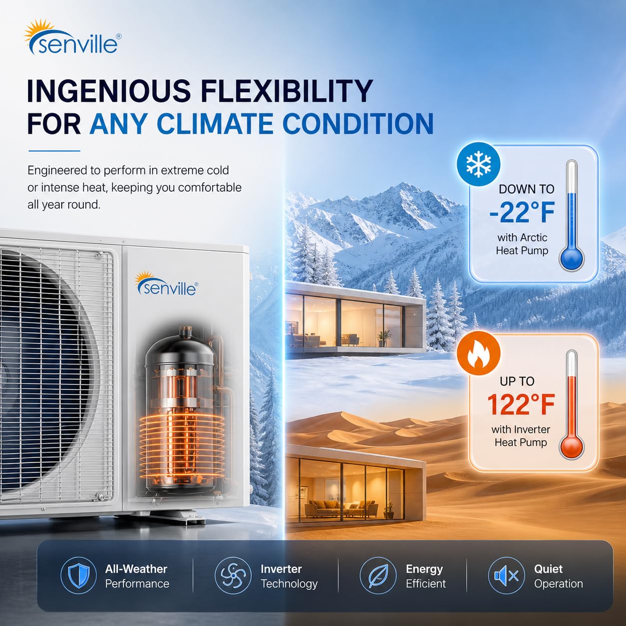 White Pillowle AURA Mini Split Air Conditioner with heat pump, 24000 BTU, mounted on wall in a modern living room
