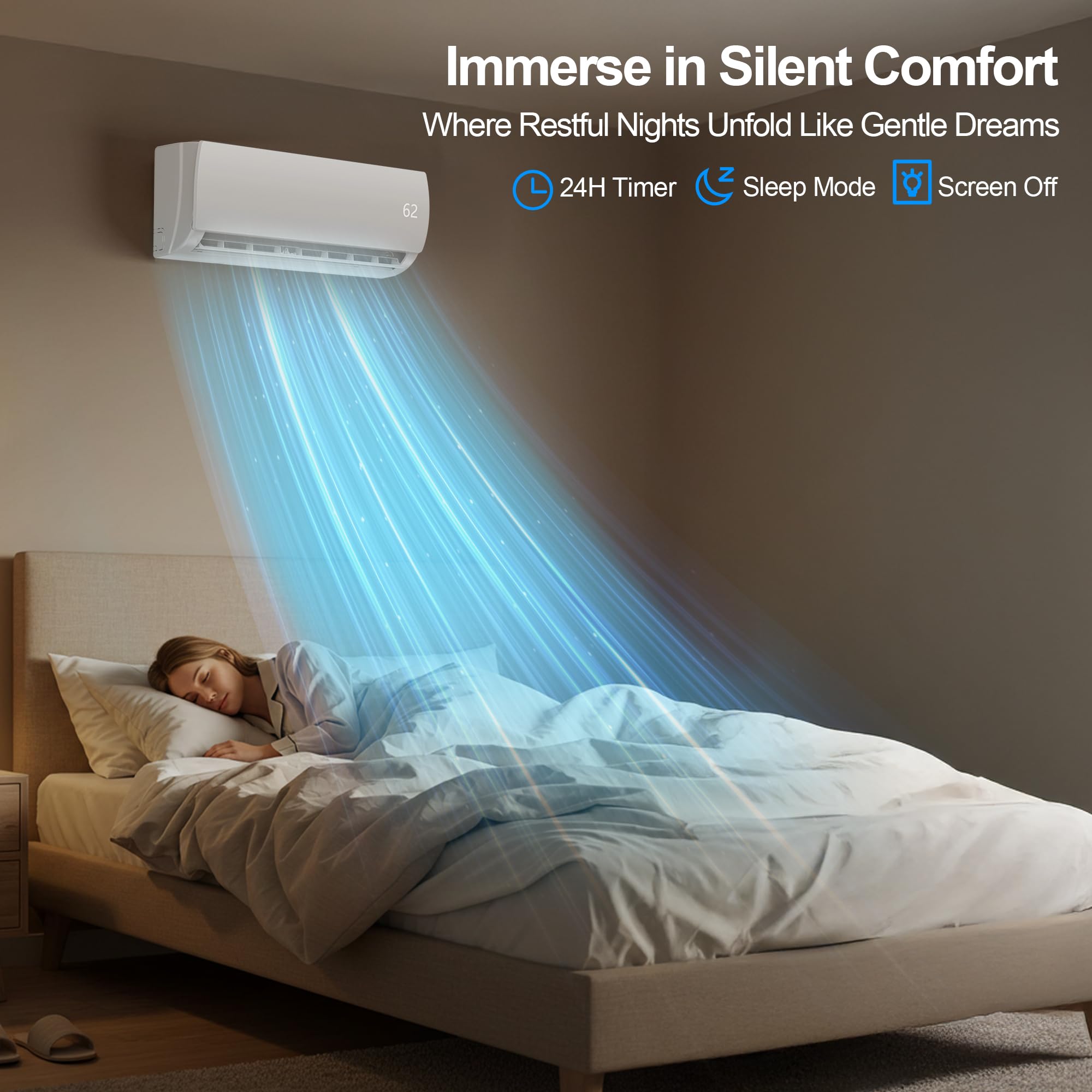 Pillowle 9000 BTU mini split AC and heating system with sleek indoor unit, energy-efficient ductless inverter for cooling and heating.