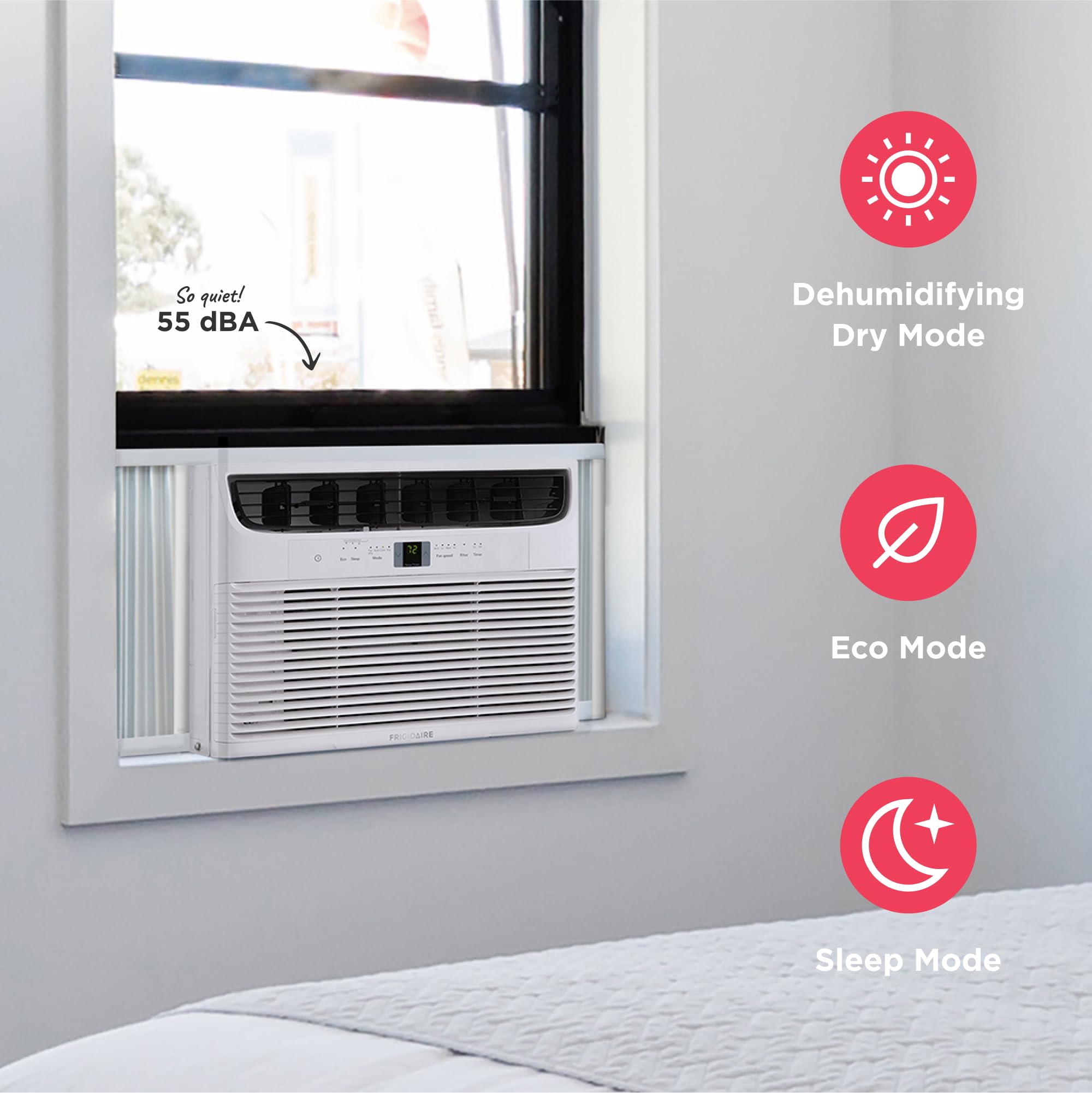 Pillowle 12,000 BTU window air conditioner with remote, cooling up to 550 sq ft, quiet operation, eco mode in white.