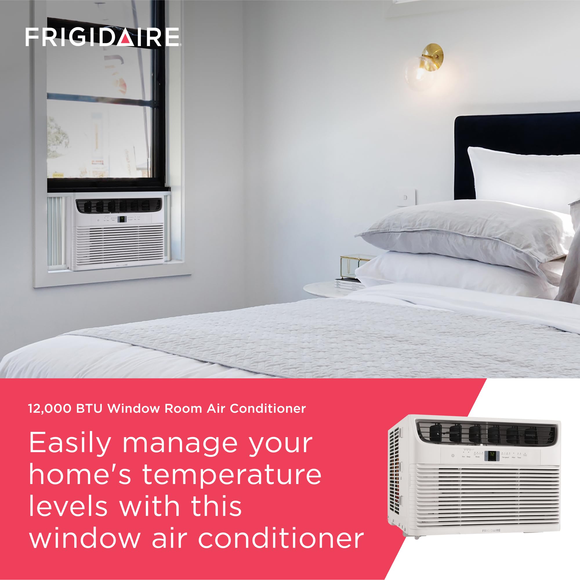 Pillowle 12,000 BTU window air conditioner with remote, quiet operation, eco mode, cooling up to 550 sq ft, white unit in window