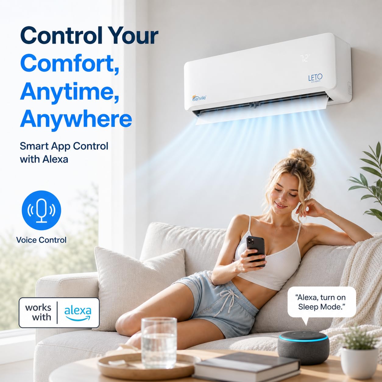 White Pillowle LETO Mini Split Air Conditioner and Heat Pump, 24000 BTU, with sleek design and control panel visible.