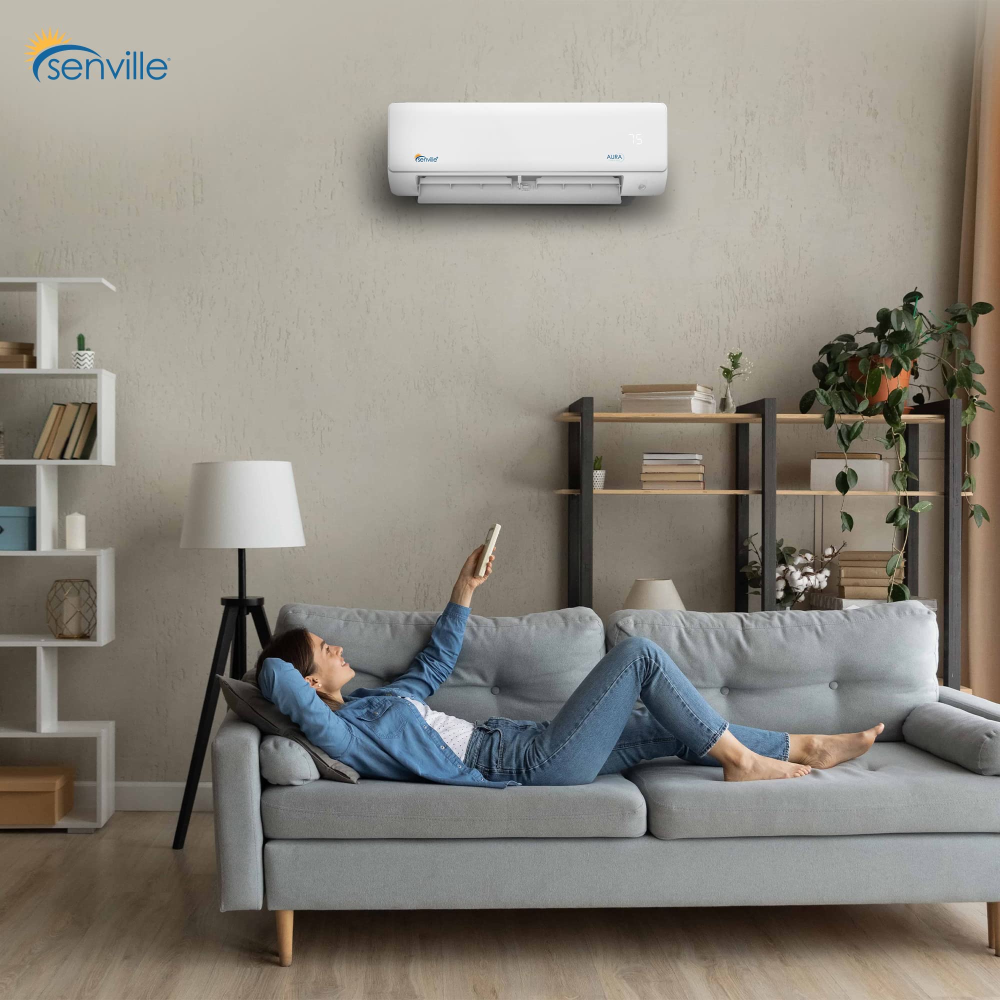 White Pillowle AURA Mini Split Air Conditioner with heat pump, 24000 BTU, mounted on a wall in a modern room